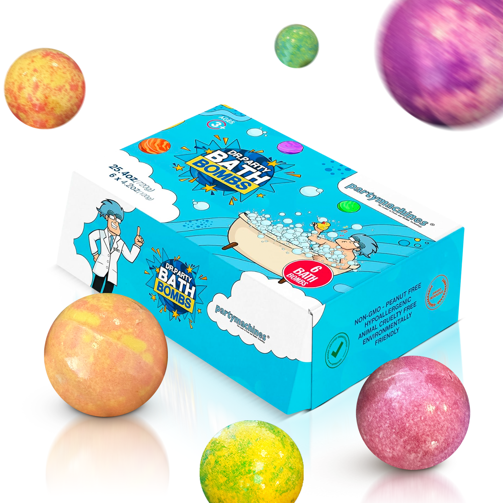 Vibrant collection of six children's bath bombs, each a different color and scent, packaged neatly in an eye-catching box