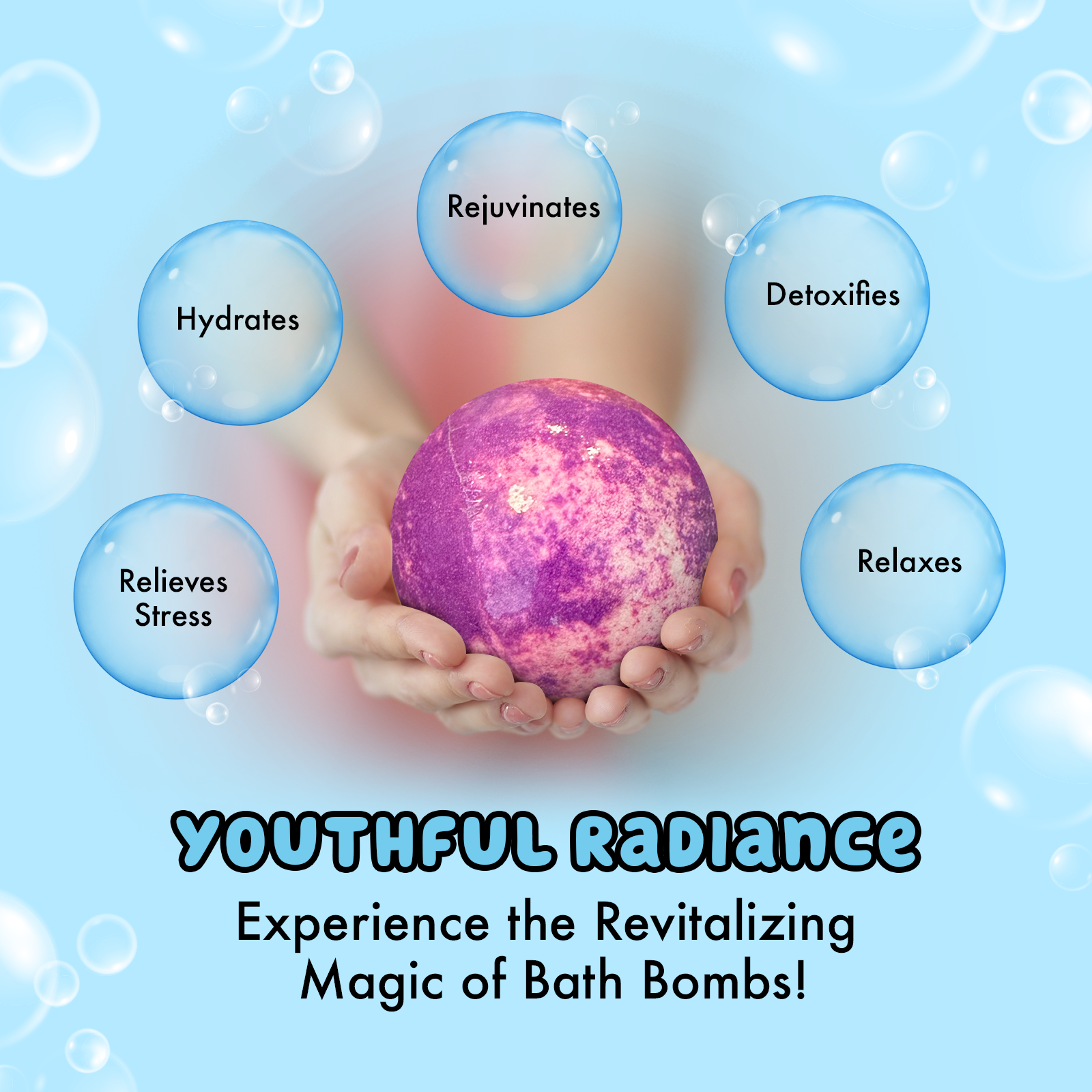 Kid-friendly bath bombs in a multi-colored six-pack, designed to fizz with joy and fill the bath with playful aromas.