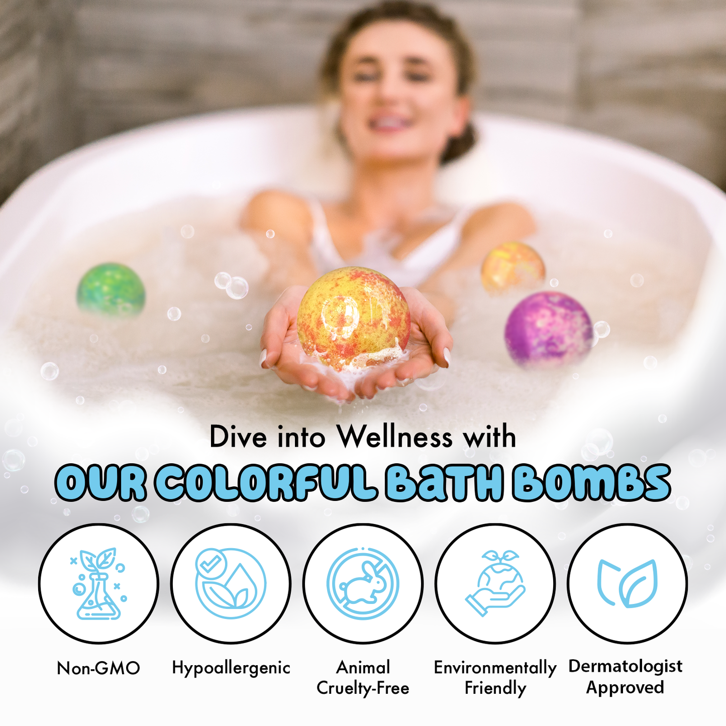 Cheerful six-pack of children's bath bombs in pastel hues, each infused with a different fruit scent, ready to transform bath time into playtime.