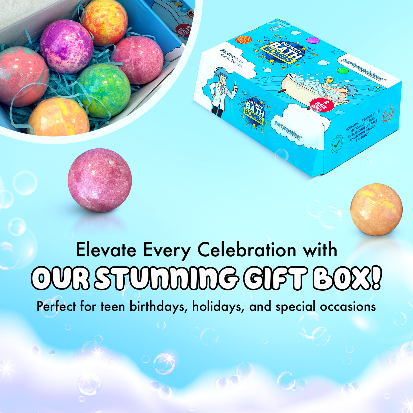 Featuring cheerful designs and sweet scents for a fun bath experience; these bath bombs rock!